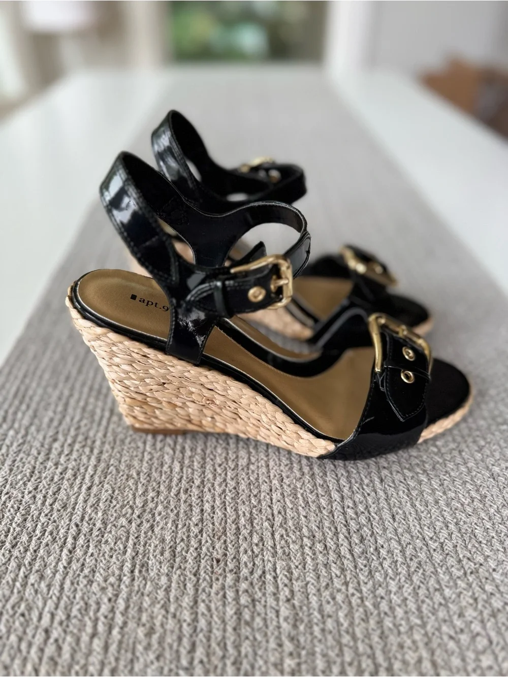 Apt. 9 Black Patent Ankle Strap Wedge Sandals with Oversized Gold Buckles Sz 9